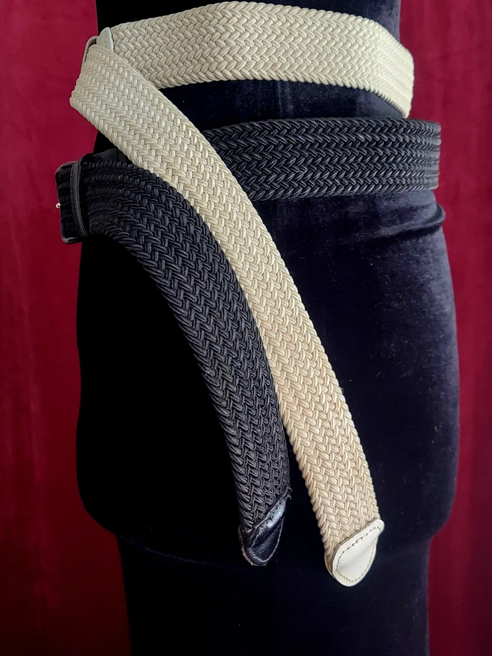 Lot Of 2 Vintage Men's Woven Stretch Belts - Black & Off-White